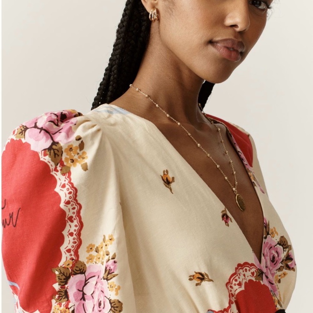 Anthropologie Cream Mini Dress with Red Heart & Pink Floral Print - Picture 3 of 5